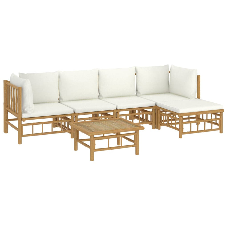 6-Delige Loungeset Met Kussens Bamboe Wit Crème 2x hoek + 2x midden + voetensteun + Tafel