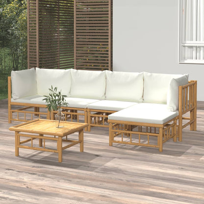 6-Delige Loungeset Met Kussens Bamboe Wit Crème 2x hoek + 2x midden + voetensteun + Tafel
