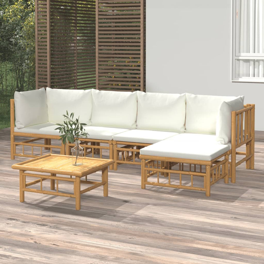 6-Delige Loungeset Met Kussens Bamboe Wit Crème 2x hoek + 2x midden + voetensteun + Tafel