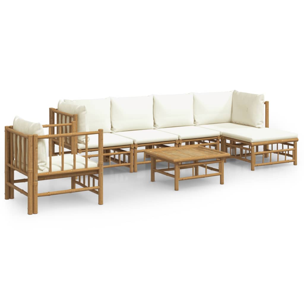 7-Delige Loungeset Met Kussens Bamboe Wit Crème 2x corner + 2x middle + chair + footrest + table