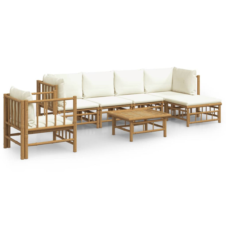 7-Delige Loungeset Met Kussens Bamboe Wit Crème 2x corner + 2x middle + chair + footrest + table
