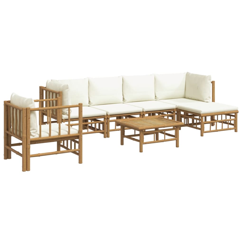 7-Delige Loungeset Met Kussens Bamboe Wit Crème 2x corner + 2x middle + chair + footrest + table