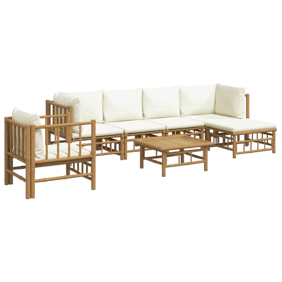 7-Delige Loungeset Met Kussens Bamboe Wit Crème 2x corner + 2x middle + chair + footrest + table