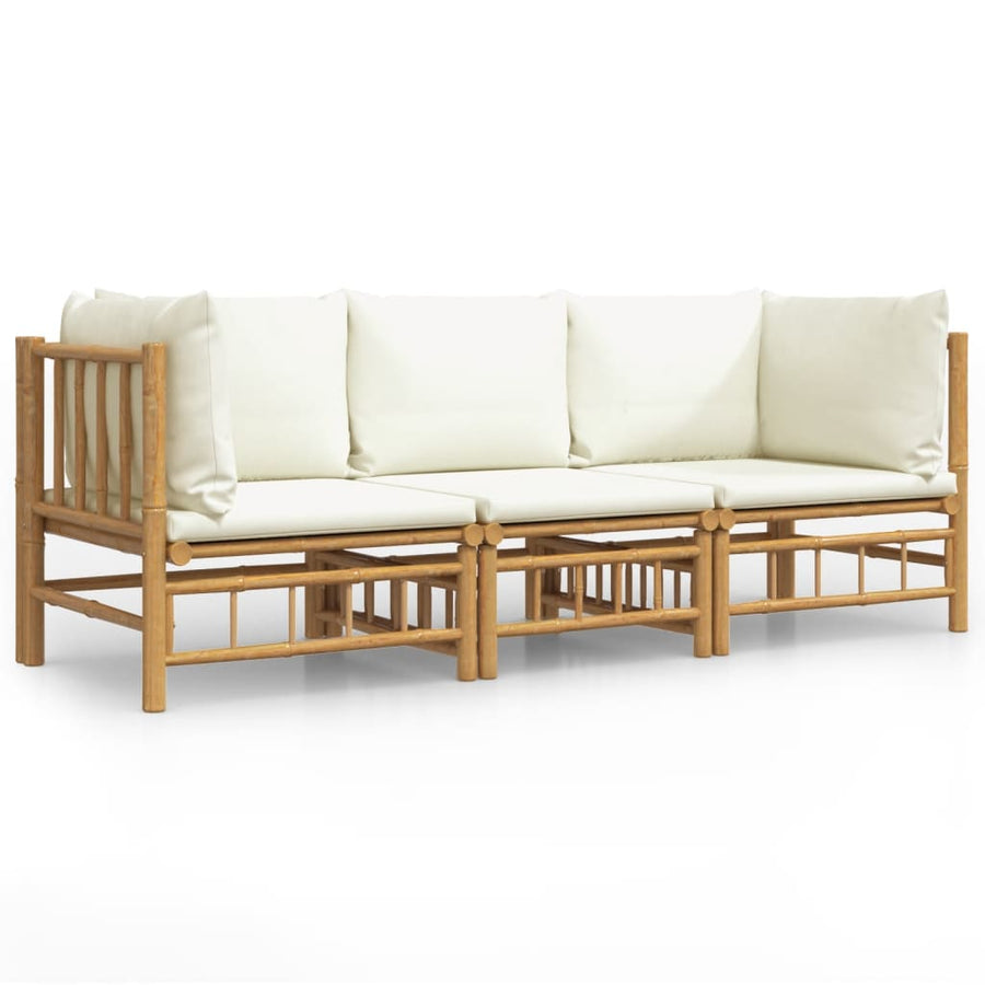 3-Delige Loungeset Met Kussens Bamboe Wit Crème 2x hoek + midden