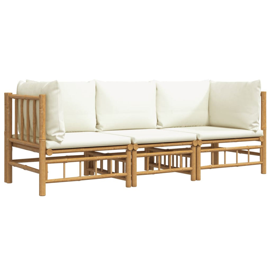 3-Delige Loungeset Met Kussens Bamboe Wit Crème 2x hoek + midden