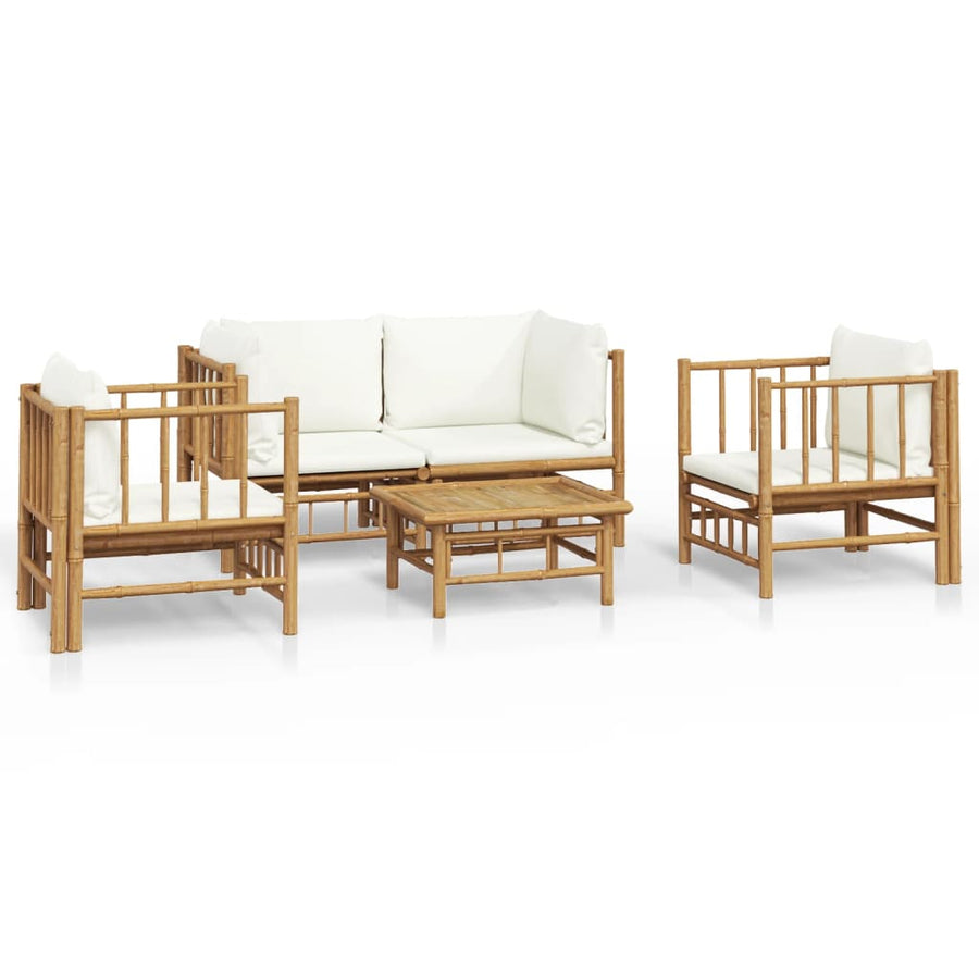 5-Delige Loungeset Met Kussens Bamboe Wit Crème 2x corner + 2x chair + table