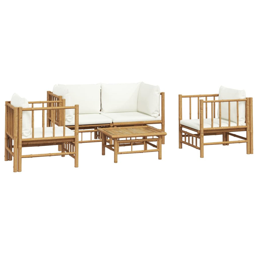 5-Delige Loungeset Met Kussens Bamboe Wit Crème 2x corner + 2x chair + table