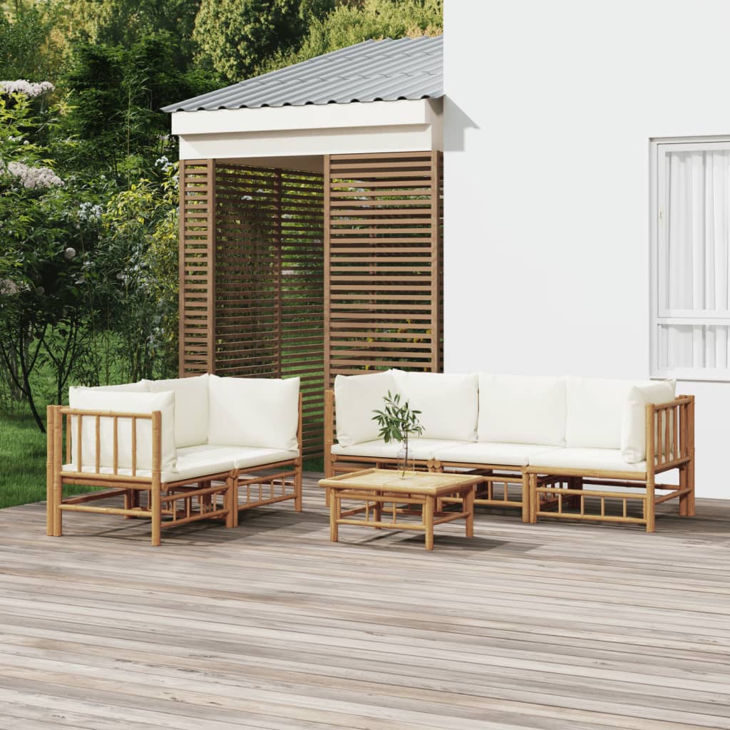 6-Delige Loungeset Met Kussens Bamboe Wit Crème 4x hoek + midden + Tafel