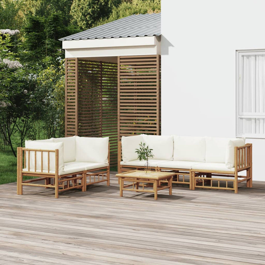 6-Delige Loungeset Met Kussens Bamboe Wit Crème 4x hoek + midden + Tafel