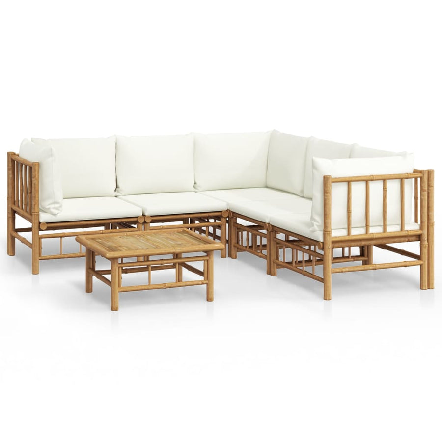 6-Delige Loungeset Met Kussens Bamboe Wit Crème 3x hoek + 2x midden + Tafel