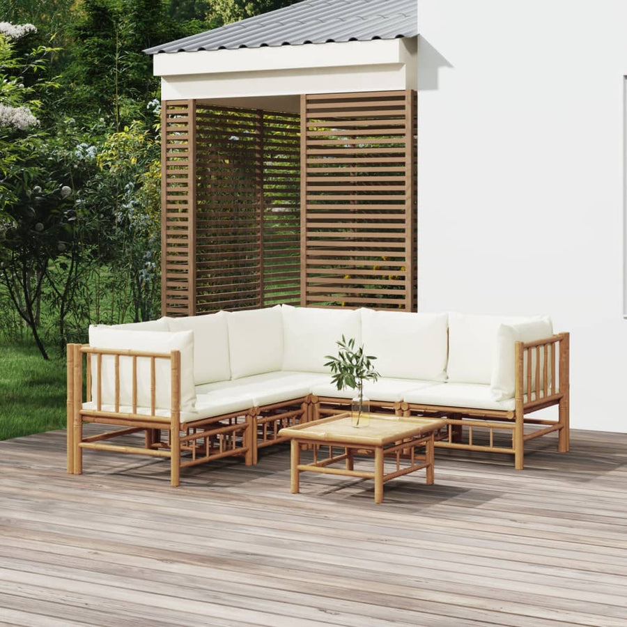 6-Delige Loungeset Met Kussens Bamboe Wit Crème 3x hoek + 2x midden + Tafel