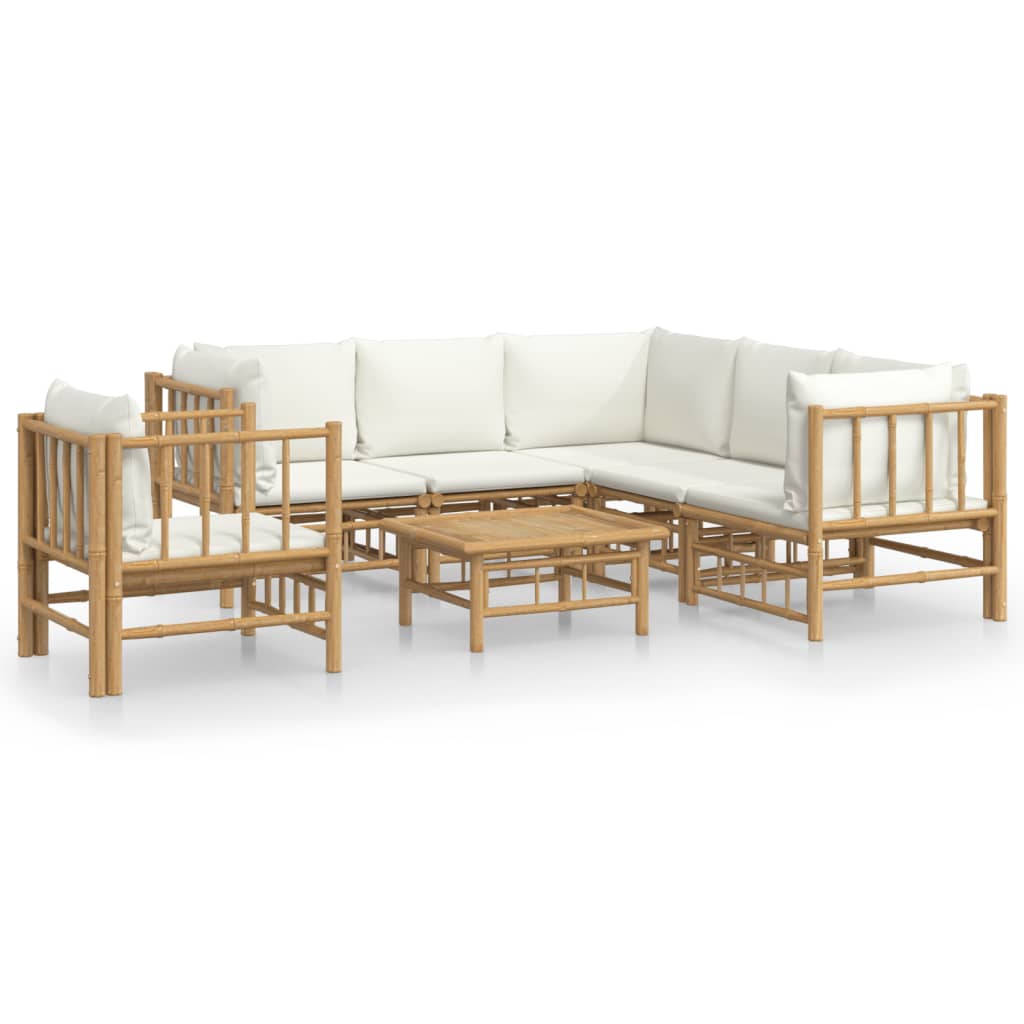 7-Delige Loungeset Met Kussens Bamboe Wit Crème 3x corner + 2x middle + chair + table