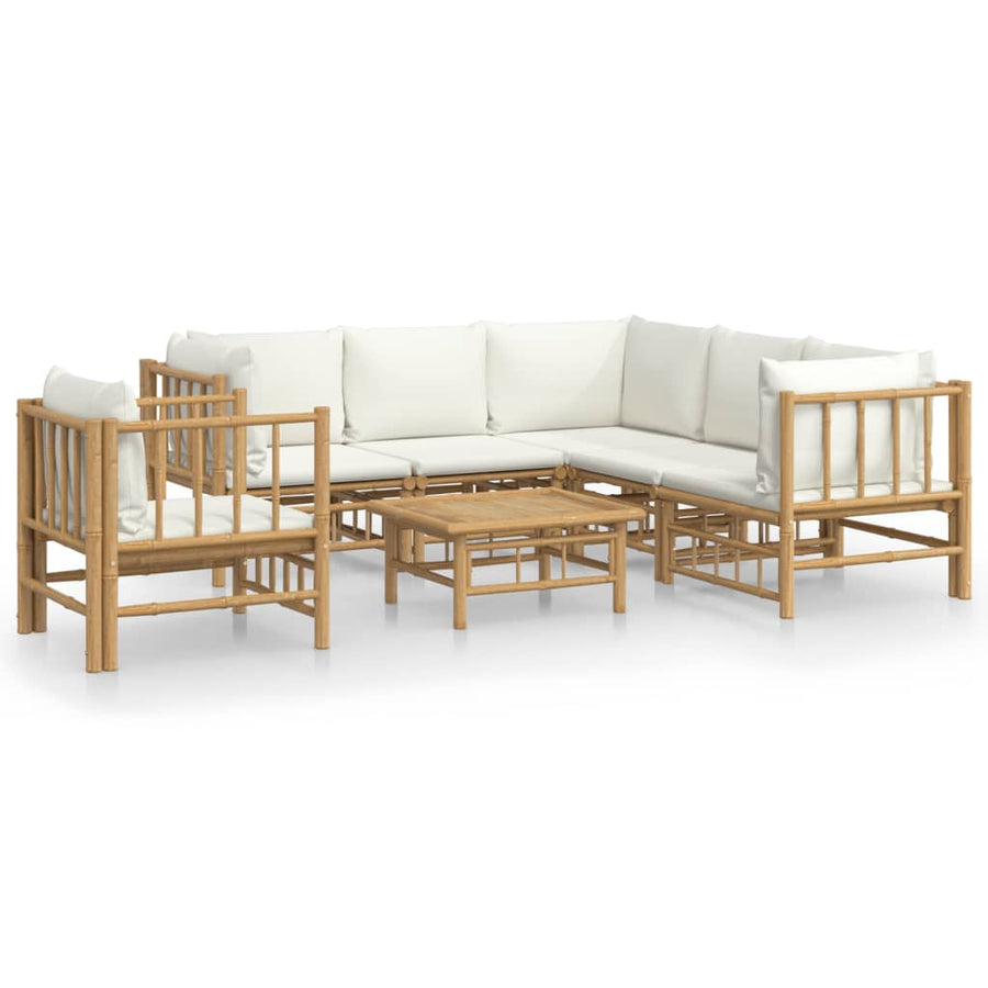 7-Delige Loungeset Met Kussens Bamboe Wit Crème 3x corner + 2x middle + chair + table