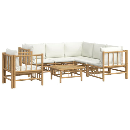 7-Delige Loungeset Met Kussens Bamboe Wit Crème 3x corner + 2x middle + chair + table