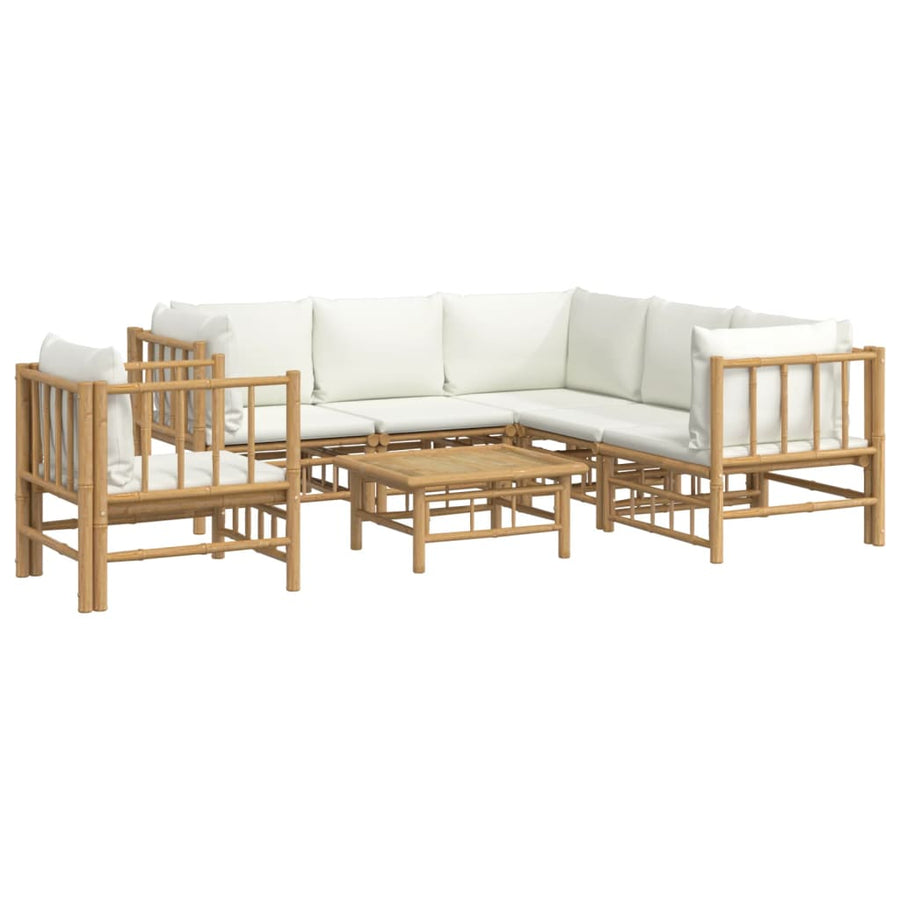 7-Delige Loungeset Met Kussens Bamboe Wit Crème 3x corner + 2x middle + chair + table