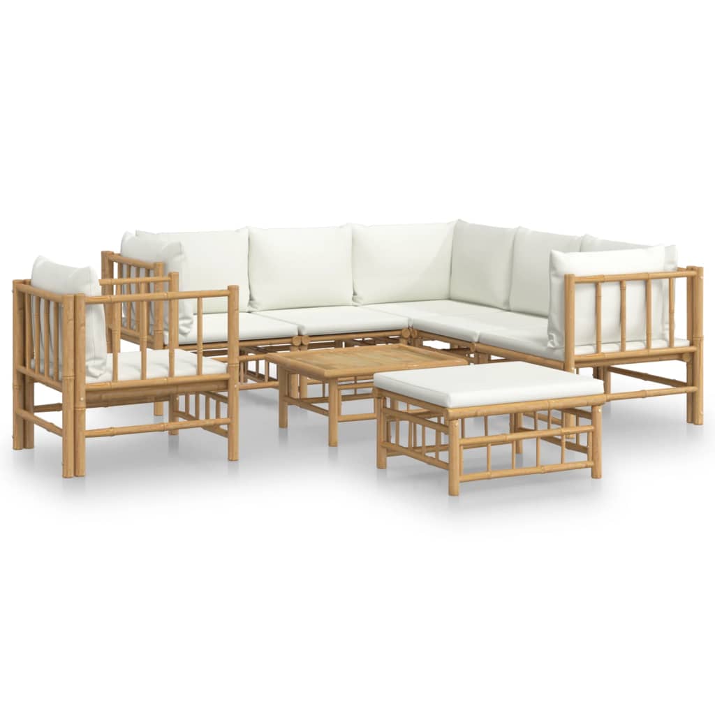 8-Delige Loungeset Met Kussens Bamboe Wit Crème 3x corner + 2x middle + chair + footrest + table