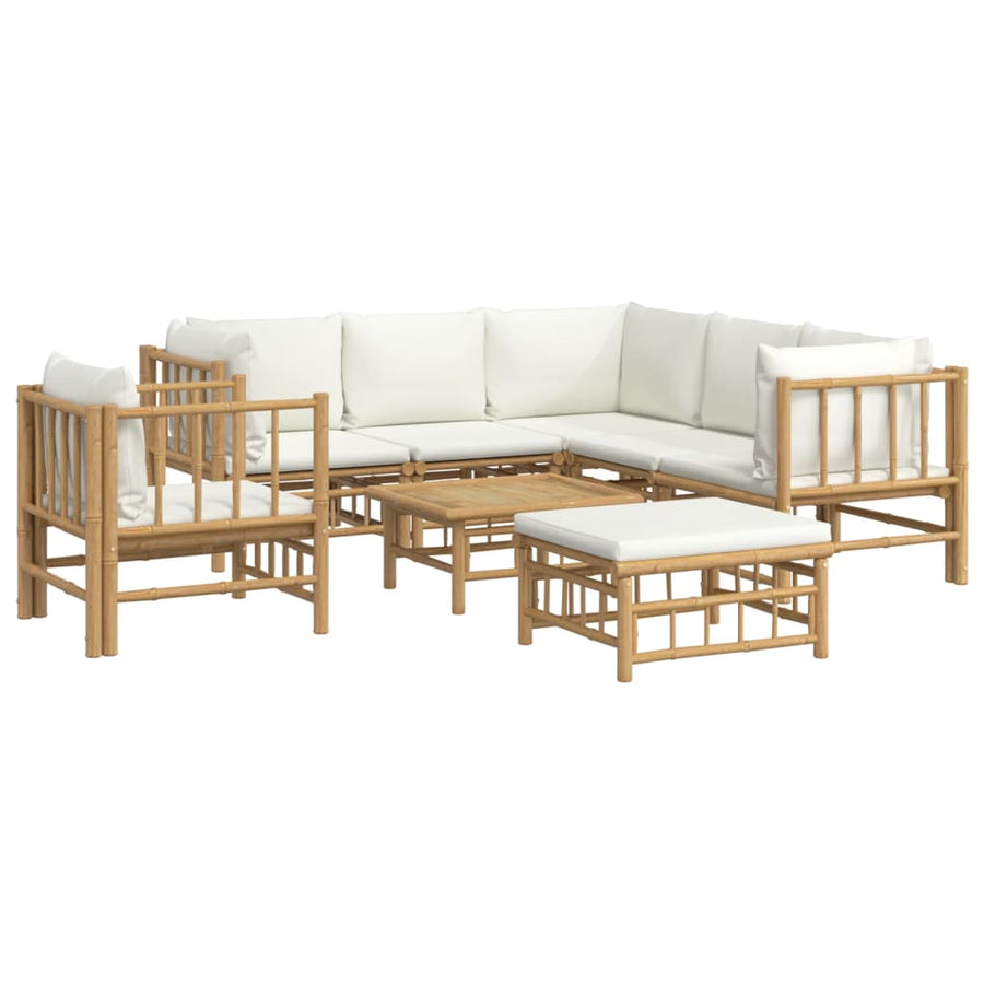 8-Delige Loungeset Met Kussens Bamboe Wit Crème 3x corner + 2x middle + chair + footrest + table