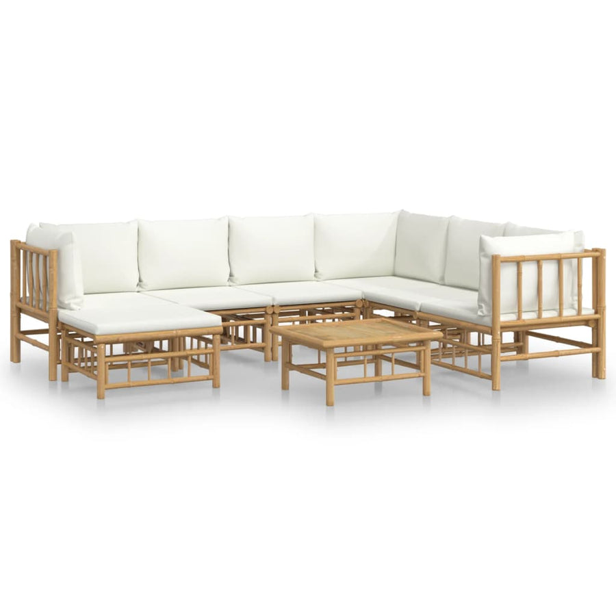 8-Delige Loungeset Met Kussens Bamboe Wit Crème 3x hoek + 3x midden + voetensteun + Tafel