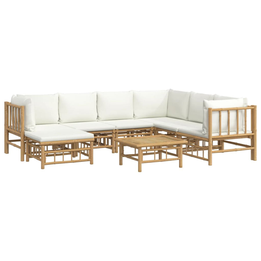 8-Delige Loungeset Met Kussens Bamboe Wit Crème 3x hoek + 3x midden + voetensteun + Tafel