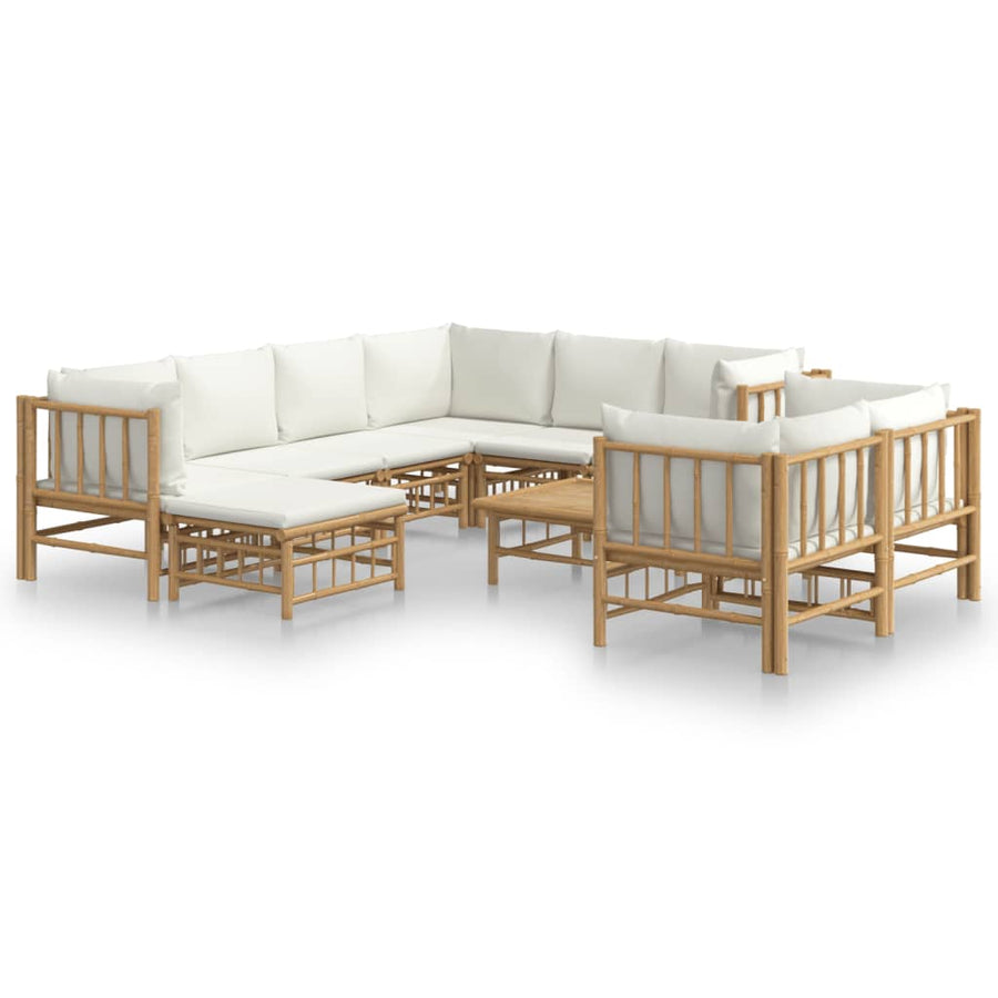 0-Delige Loungeset Met Kussens Bamboe Wit Crème 5x hoek + 3x midden + voetensteun + Tafel
