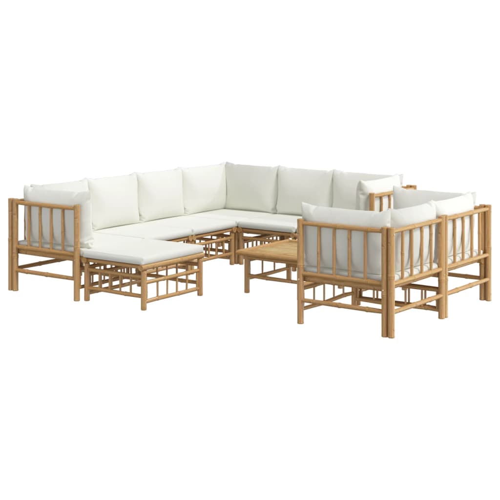 0-Delige Loungeset Met Kussens Bamboe Wit Crème 5x hoek + 3x midden + voetensteun + Tafel