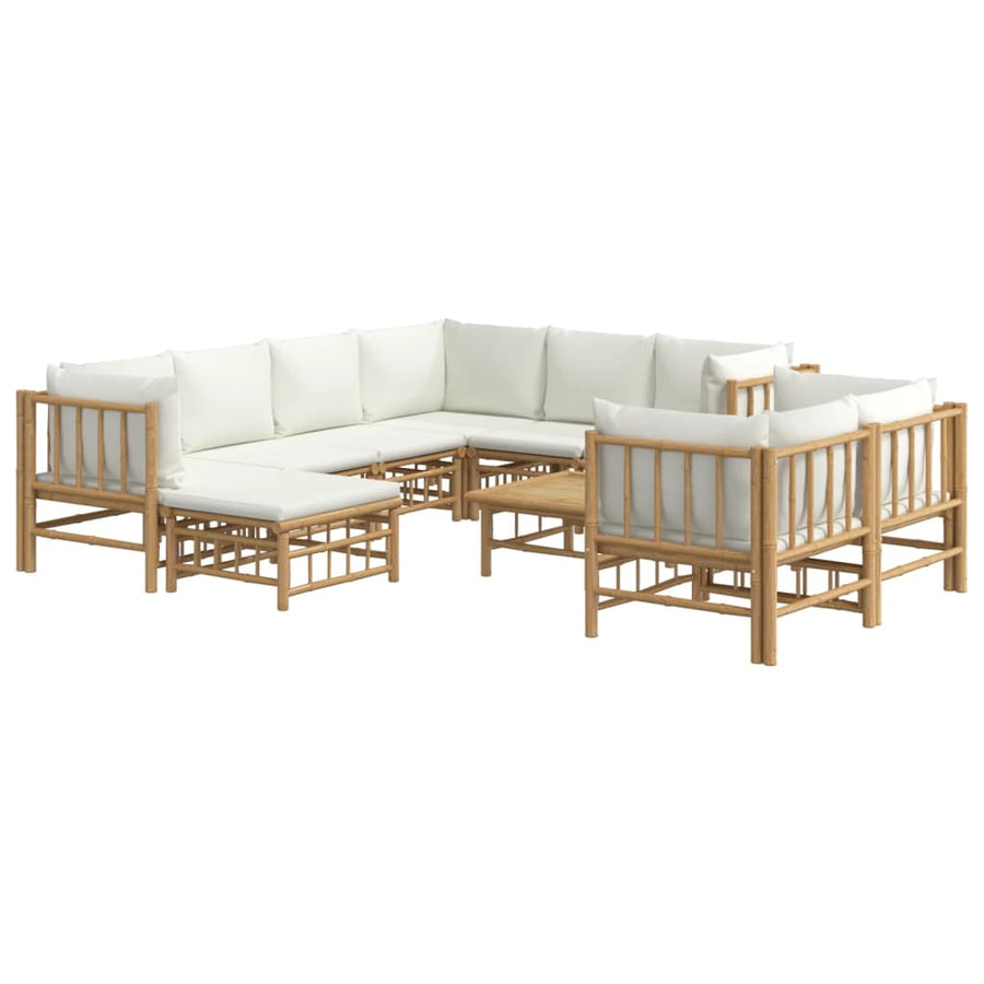 0-Delige Loungeset Met Kussens Bamboe Wit Crème 5x hoek + 3x midden + voetensteun + Tafel