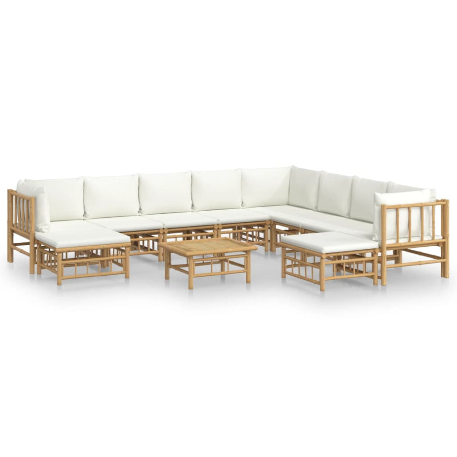 -Delige Loungeset Met Kussens Bamboe Wit Crème 3x hoek + 5x midden + 2x voetensteun + Tafel