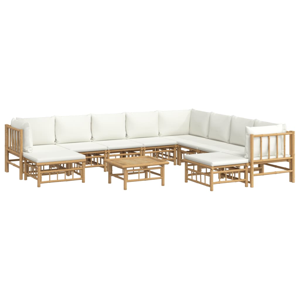 -Delige Loungeset Met Kussens Bamboe Wit Crème 3x hoek + 5x midden + 2x voetensteun + Tafel