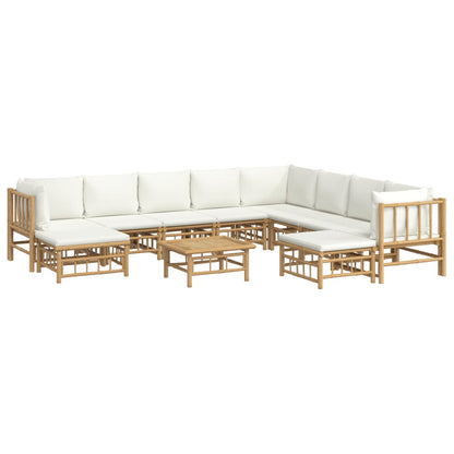 -Delige Loungeset Met Kussens Bamboe Wit Crème 3x hoek + 5x midden + 2x voetensteun + Tafel