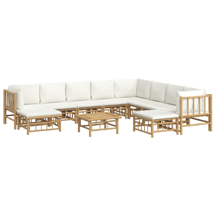 -Delige Loungeset Met Kussens Bamboe Wit Crème 3x hoek + 5x midden + 2x voetensteun + Tafel