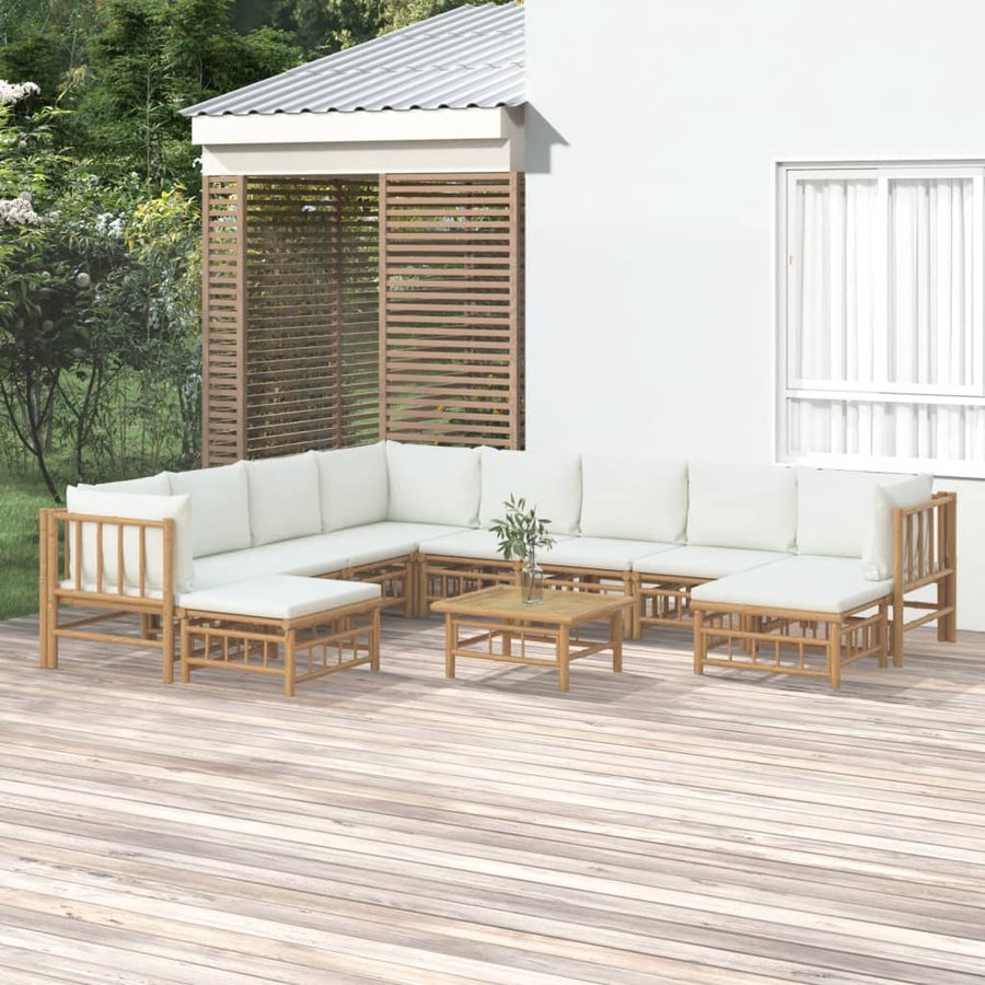 -Delige Loungeset Met Kussens Bamboe Wit Crème 3x hoek + 5x midden + 2x voetensteun + Tafel