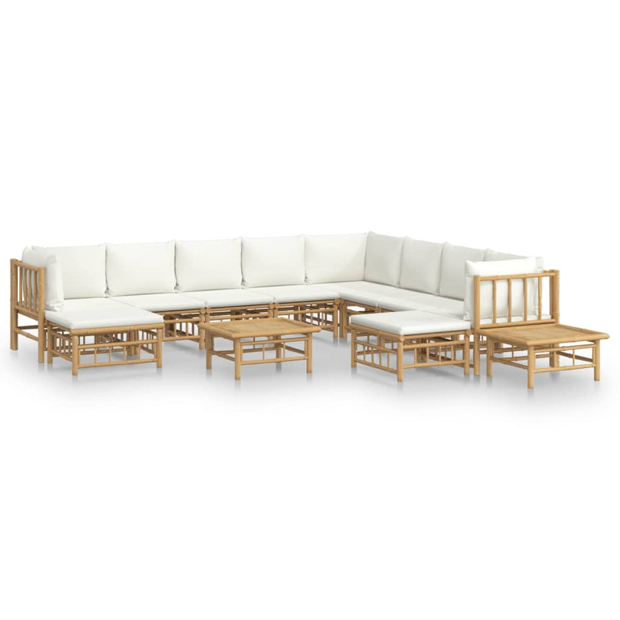 2-Delige Loungeset Met Kussens Bamboe Wit Crème 3x hoek + 5x midden + 2x voetensteun + 2x Tafel