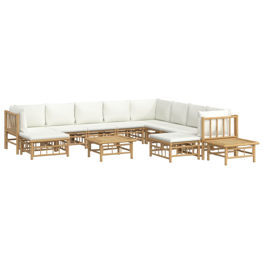 2-Delige Loungeset Met Kussens Bamboe Wit Crème 3x hoek + 5x midden + 2x voetensteun + 2x Tafel