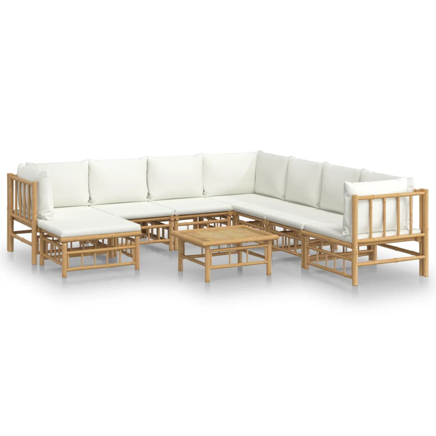 9-Delige Loungeset Met Kussens Bamboe Wit Crème 3x hoek + 4x midden + voetensteun + Tafel