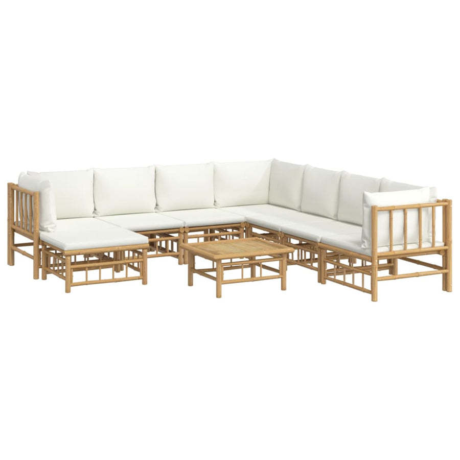 9-Delige Loungeset Met Kussens Bamboe Wit Crème 3x hoek + 4x midden + voetensteun + Tafel