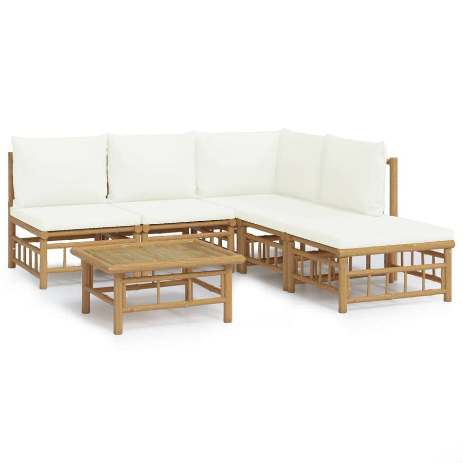 6-Delige Loungeset Met Kussens Bamboe Wit Crème hoek + 3x midden + voetensteun + Tafel