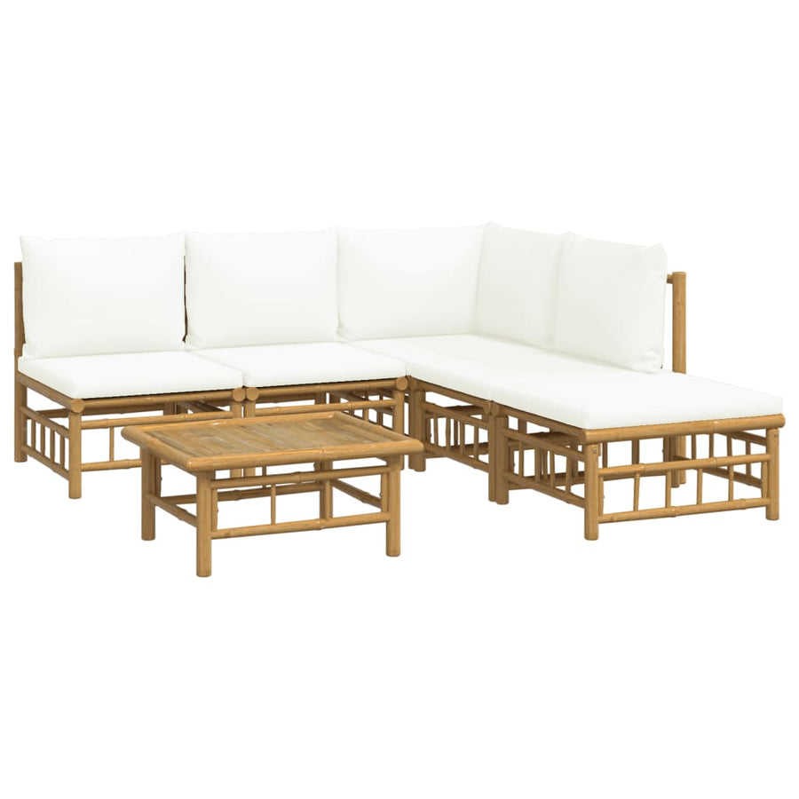6-Delige Loungeset Met Kussens Bamboe Wit Crème hoek + 3x midden + voetensteun + Tafel