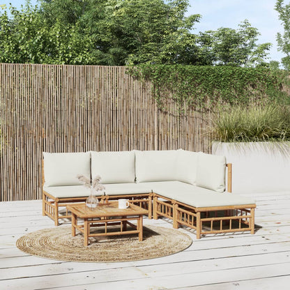 6-Delige Loungeset Met Kussens Bamboe Wit Crème hoek + 3x midden + voetensteun + Tafel