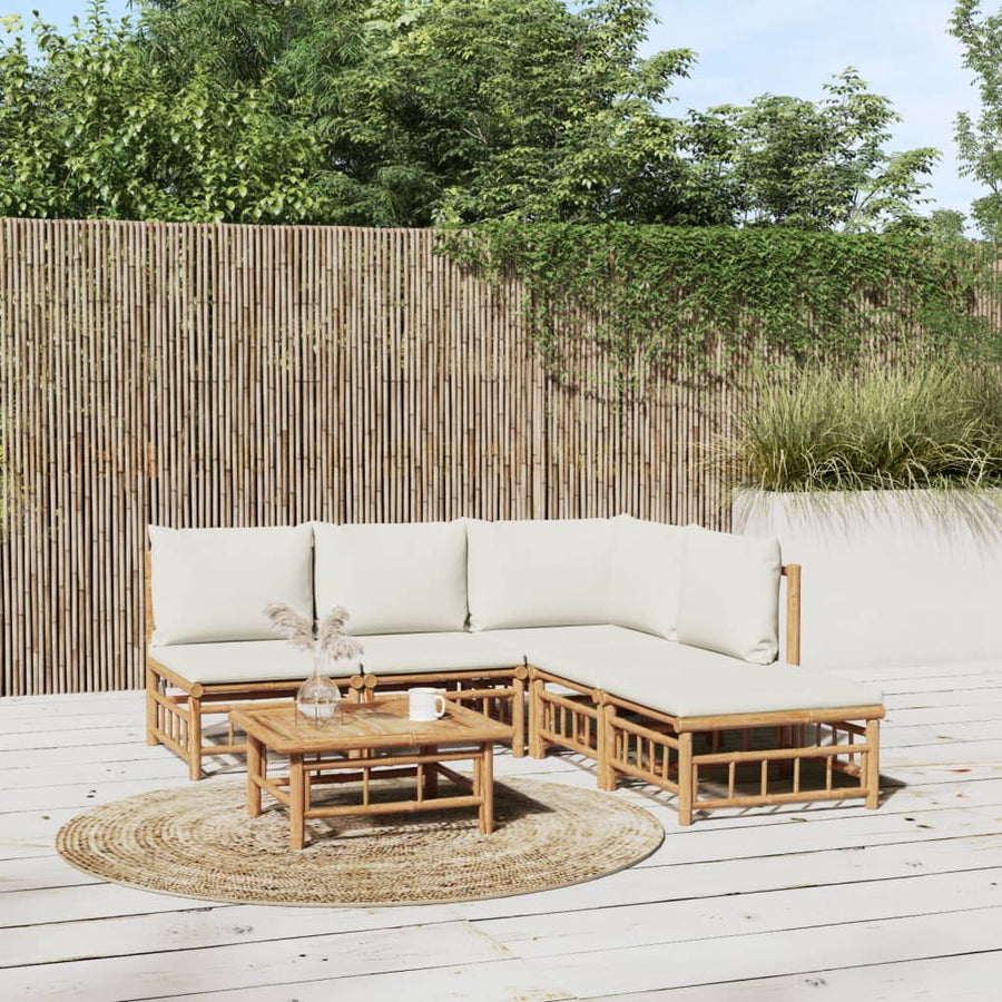 6-Delige Loungeset Met Kussens Bamboe Wit Crème hoek + 3x midden + voetensteun + Tafel