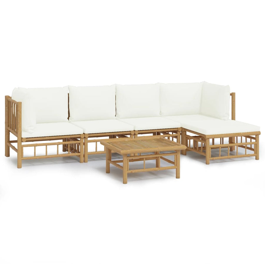 6-Delige Loungeset Met Kussens Bamboe Wit Crème 2x midden + 2x hoek + voetensteun + Tafel