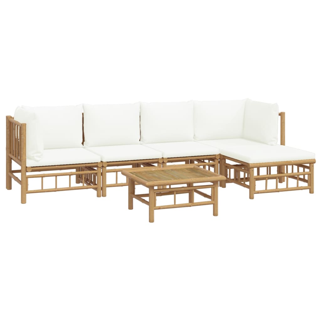 6-Delige Loungeset Met Kussens Bamboe Wit Crème 2x midden + 2x hoek + voetensteun + Tafel