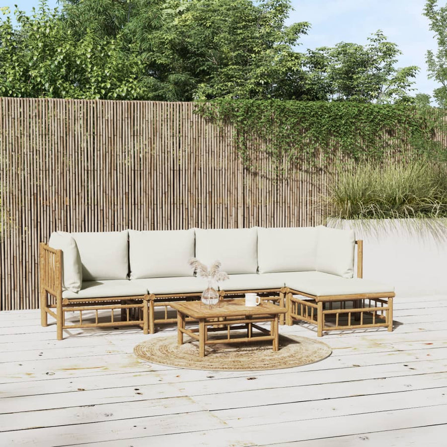 6-Delige Loungeset Met Kussens Bamboe Wit Crème 2x midden + 2x hoek + voetensteun + Tafel