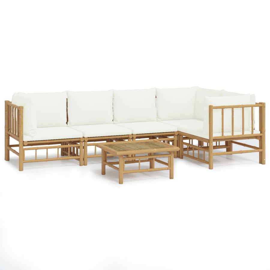 6-Delige Loungeset Met Kussens Bamboe Wit Crème 2x midden + 3x hoek + Tafel