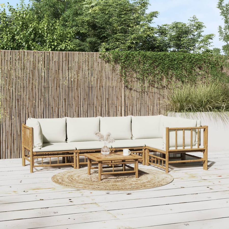 6-Delige Loungeset Met Kussens Bamboe Wit Crème 2x midden + 3x hoek + Tafel