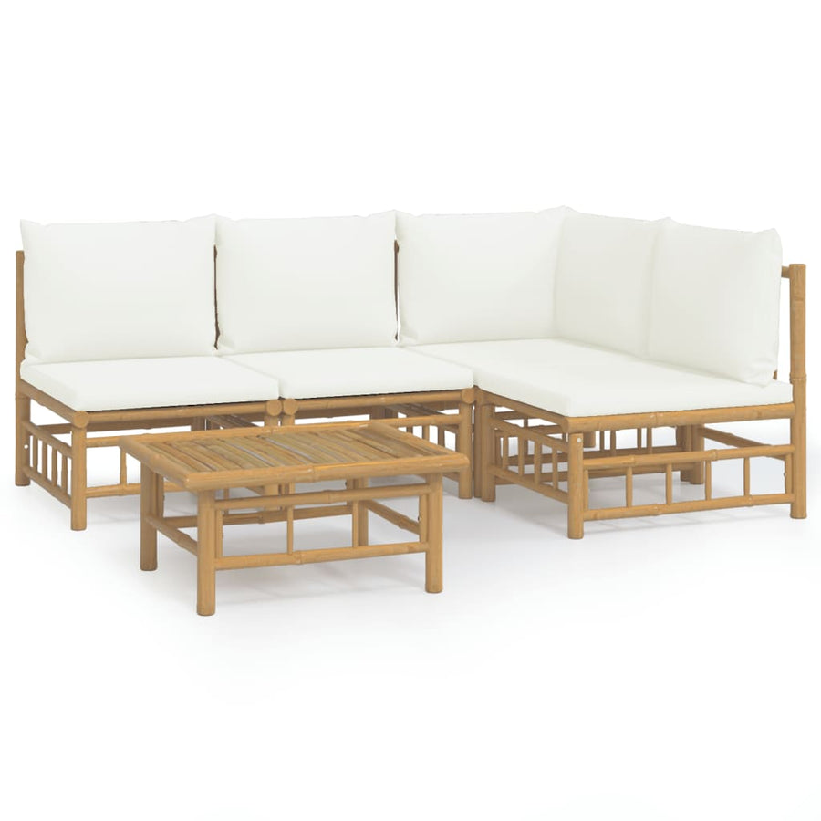 5-Delige Loungeset Met Kussens Bamboe Wit Crème hoek + 3x midden + Tafel