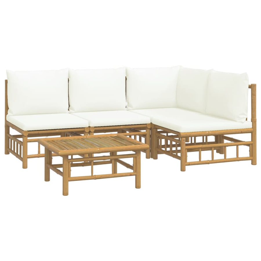 5-Delige Loungeset Met Kussens Bamboe Wit Crème hoek + 3x midden + Tafel