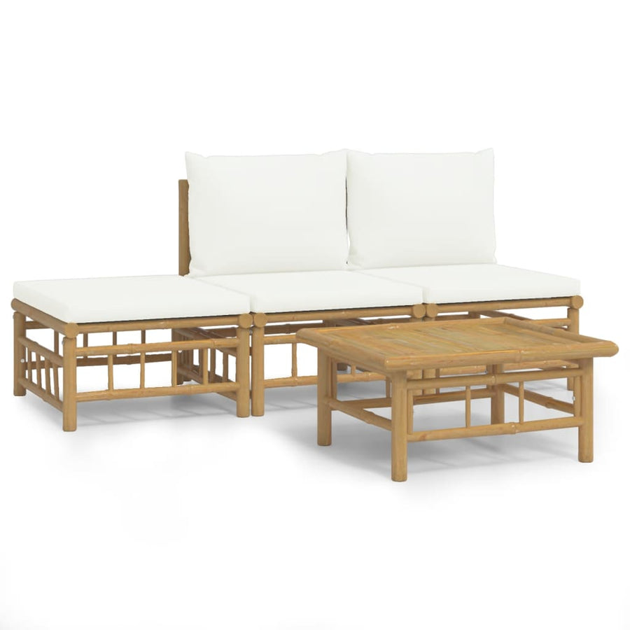 4-Delige Loungeset Met Kussens Bamboe Wit Crème 2x midden + voetensteun + Tafel