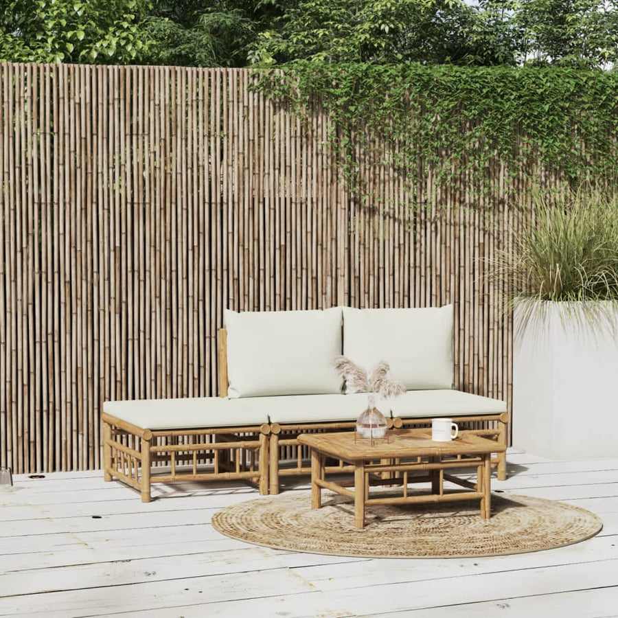 4-Delige Loungeset Met Kussens Bamboe Wit Crème 2x midden + voetensteun + Tafel