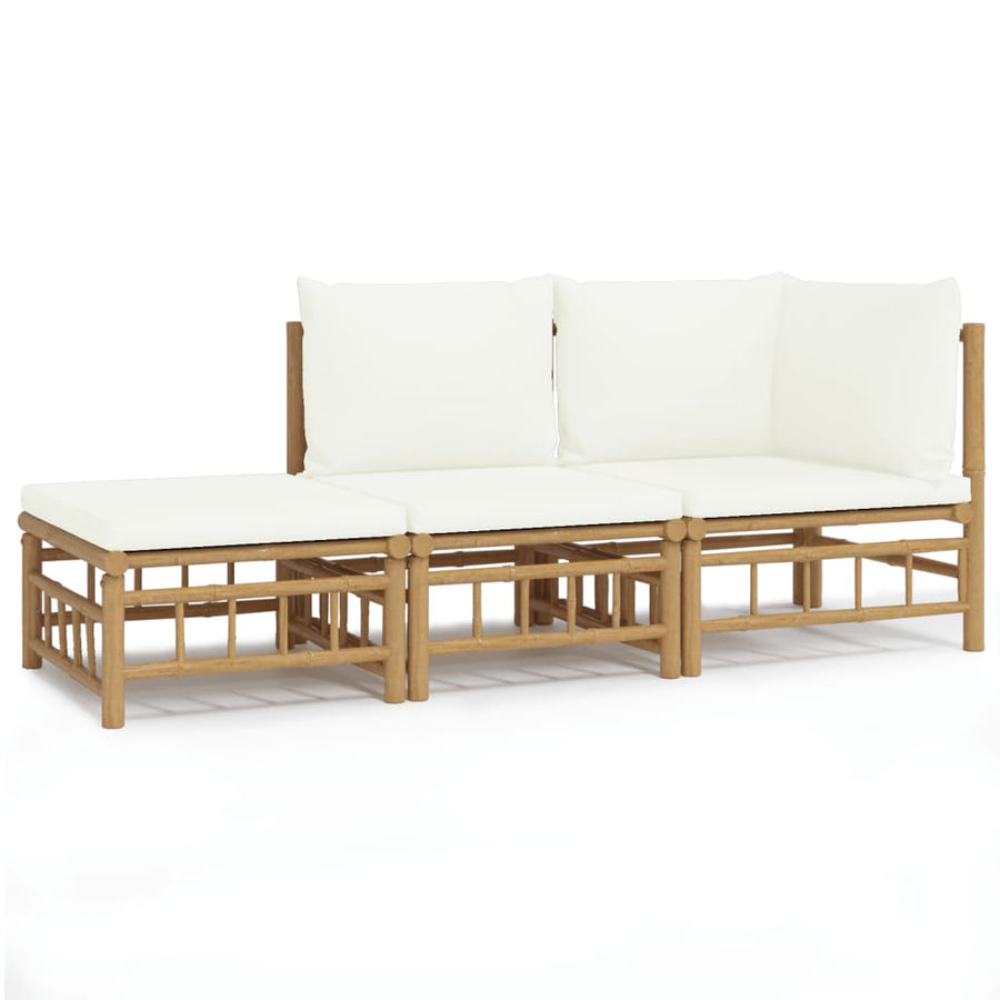 3-Delige Loungeset Met Kussens Bamboe Wit Crème hoek + midden + voetensteun