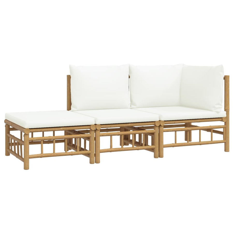 3-Delige Loungeset Met Kussens Bamboe Wit Crème hoek + midden + voetensteun